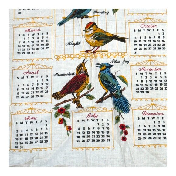 Vintage 1971 Linen Calendar Tea Towel With Song Birds Warbler Cardinal Blue Jay - Picture 4 of 6